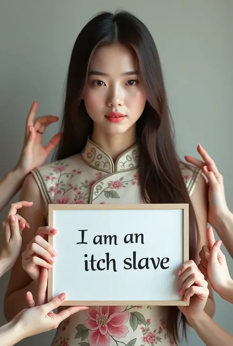 Beautiful girl with long straight hair，Wearing cheongsam，Hand holding a whiteboard with the words &quot;I am an itch slave&quot;，And being tickled on the side by many hands