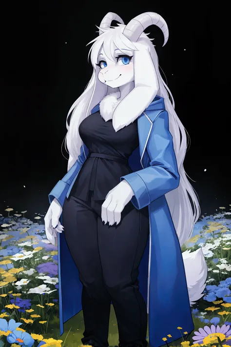 woman, young adult, alone, in a field of flowers, furry, goat, anthropomorphic goat, asriel, undertale ((asriel dreemurr)), big ...