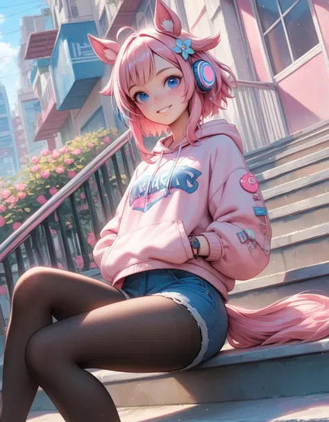 score_9, score_8_up, score_7_up, source_anime, solo, 1girl, skrchyno, horse tail, smile, looking at you, sitting, stairs, hands in pockets, medium hair, pink hair, hair flaps, hair flower, animal ears, blue eyes, pink hoodie, blue shorts, denim shorts, bla...