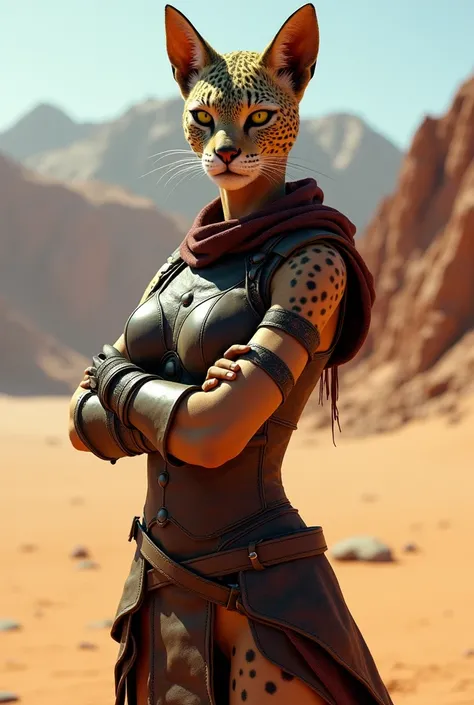 a leopard-skinned female khajit, very tall, slim waist, huge breasts, intense yellow eyes, fierce gaze, medieval brown leather armor, brown leather gloves, plunging neckline, standing in the desert, arms crossed, side view, long shot, perfect hands, perfec...