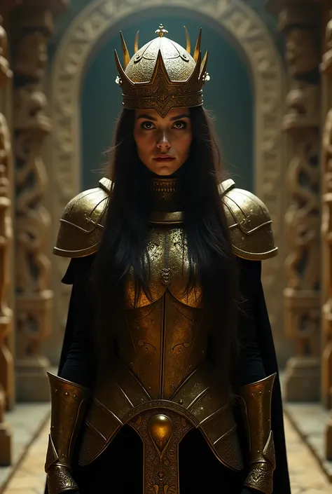 35mm film photography, A young woman with long dark hair wearing gold and black armor with a crown-shaped helmet, standing in a dark Aztec-style room