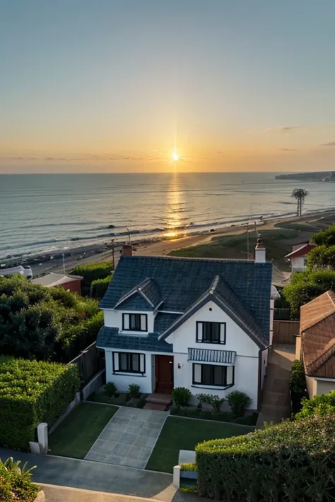 a house by the sea with the sun going down