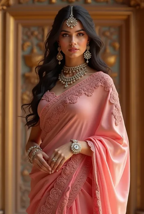 a gorgeous girl wearing a pink saree, intricate embroidery, elegant pose, flawless skin, piercing eyes, lush lips, flowing hair, ornate jewelry, lavish figure, opulent background, warm lighting, vibrant colors, cinematic composition, photorealistic, master...