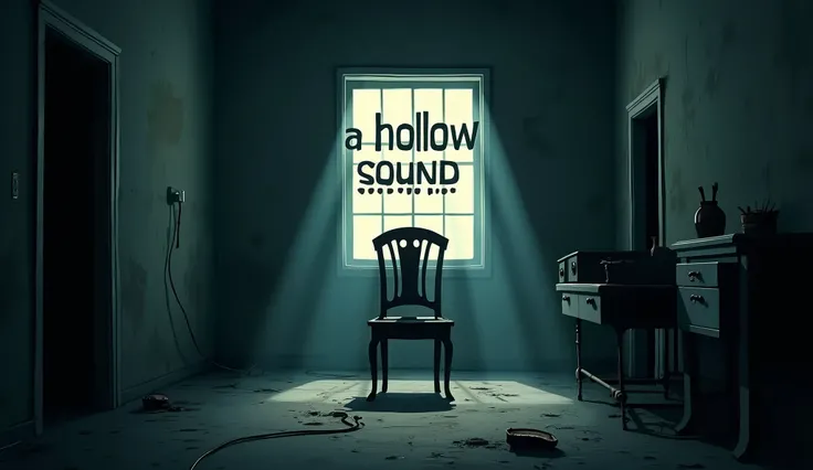 Please create a realistic war dystopian cartoonish poster-like illustration of an empty room with the following text written on the poster: "...a hollow sound". Create a silhouette like theater.