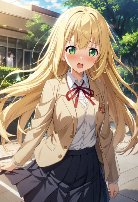 1girl, long hair, blonde hair, green eyes, school uniform, dumbass expression, CG