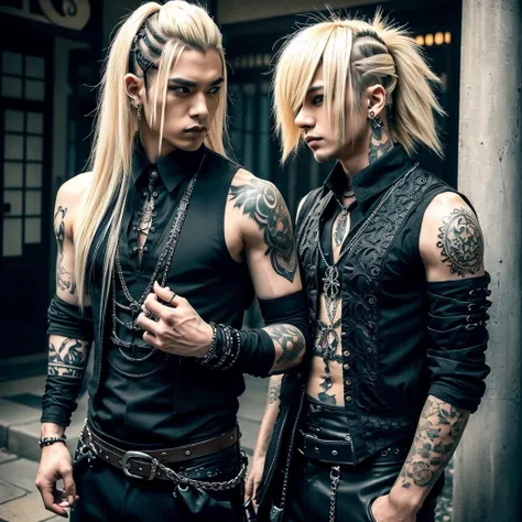 1 man, male, Japanese man, Visual Kai hairstyle, ultra detailed face and body, hyperrealistic, realistic representation, muscular, broad shoulders, tattoos gothic style, piercings, Visual Kei style, hairstyle Visual Kei, blond, long hair, 40 years old, out...