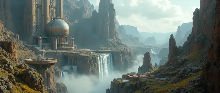 futuristic landscape with machines and mechanisms, based on Starwars, Princess Padme&#39;s Palace, waterfalls