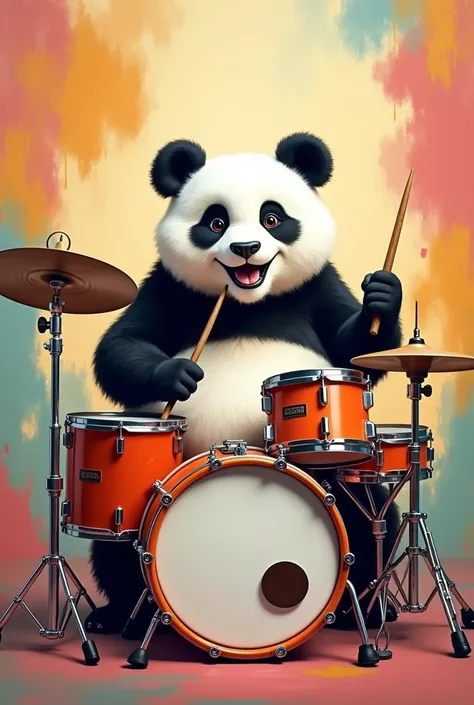 a cute panda, playing drums 