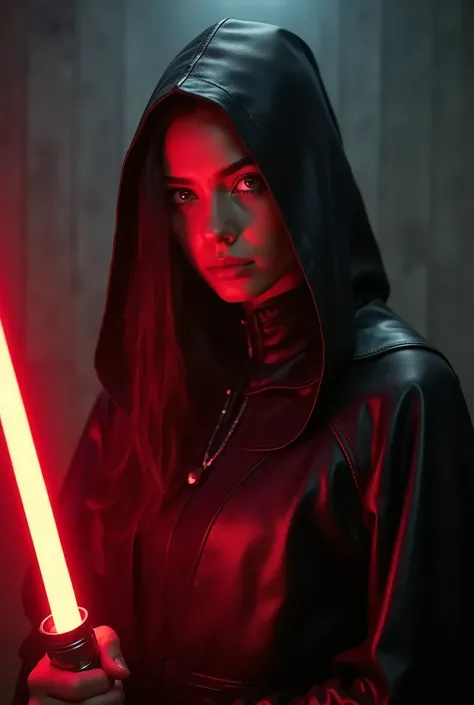 35mm film photography, A young Caucasian woman with yellow eyes, wearing a black futuristic Star Wars style leather hooded cape, holding a red lightsaber, standing in a dimly lit room