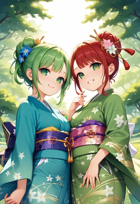 ((masterpiece)), ((best quality)), (ultra-detailed), focus on background, green meadow, 2girls, 2 cute girls, kimono, japanese c...