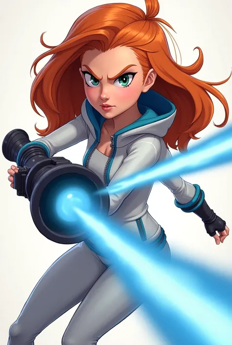 Aus Disneys Infinity-Anime-Style : Kimberly Ann Possible in Cool Evil combat mode with blue weapon in mini-fight, orange hair, White jacket Blue zipper White pants 