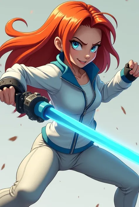 Aus Disneys Infinity-Anime-Style : Kimberly Ann Possible in Cool Evil combat mode with blue weapon in mini-fight, orange hair, White jacket Blue zipper White pants 