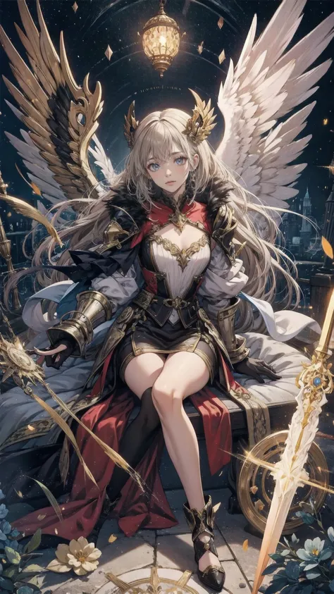 looking at the audience、,(whole body, Legs and shoes are visible: 1.2),.View your viewers、hand holding cigarette、mystery fantasy concept art, girl in black and Golden Armor, [Golden crown, Golden Armor, Have a golden sword, Low Wing, There are wings on the...