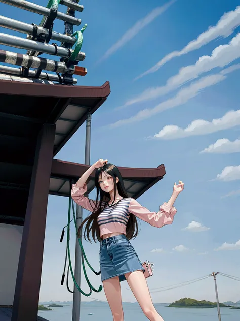 beautiful woman, posing at house roof, nice sky scenery, she has long straight hair (swept-side bangs, hime cut hair), wearing white and black and red striped long sleeves t-shirt, azure-blue denim pencil mini skirt, BREAK, ((masterpiece:1.2), (best qualit...