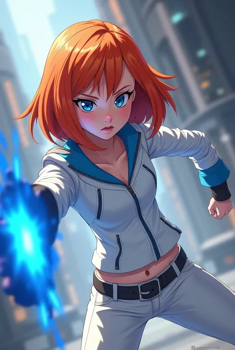 Aus Disneys Infinity-Anime-Style : Kimberly Ann Possible in Cool Evil combat mode with blue weapon in a mini-fight, orange hair, White Jacket Blue Anime Zipper White Pants 