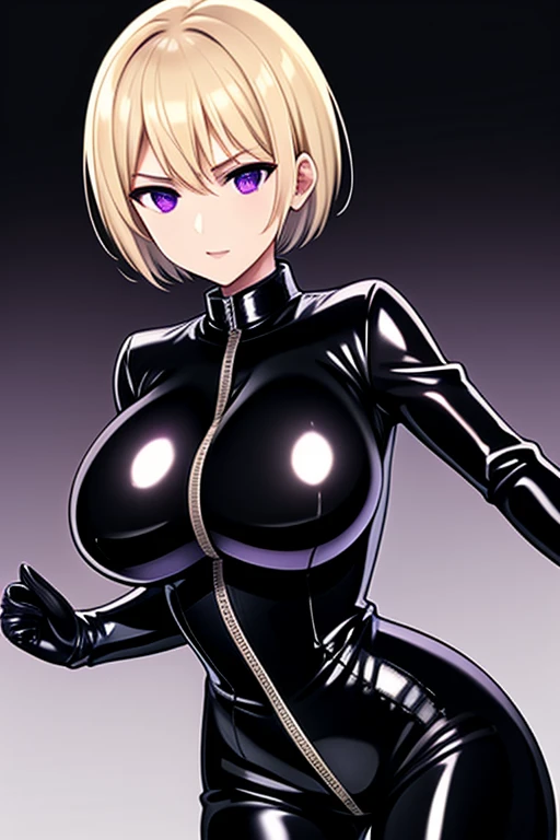 Agent spy woman, short blond hair, shiny Black skintight latex bodysuit, zipper on center of suit, shiny Black skintight latex elbow gloves, shiny Black skintight latex thigh boots, purple eyes, big breasts, serious face expression, plain white background