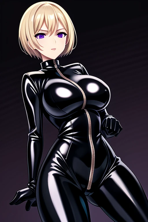 Agent spy woman, short blond hair, shiny Black skintight latex bodysuit, zipper on center of suit, shiny Black skintight latex elbow gloves, shiny Black skintight latex thigh boots, purple eyes, big breasts, serious face expression, plain white background