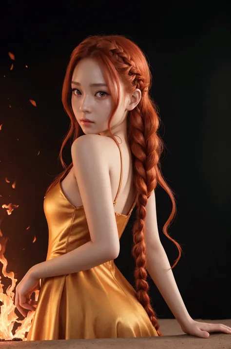 3D advanced digital art, a very cute and gorgeous anime woman wearing a dress made of fire , full body, big , very long wavy Fire red hair, braided hair, red fiery eyes, full round face, cinematic lighting, mid-shot, highly detailed, trending on pixiv, Ste...