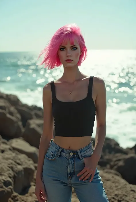 35mm film photography, A young woman with short pink hair wearing a black crop top and jeans , standing on a rocky beach with the ocean in the background