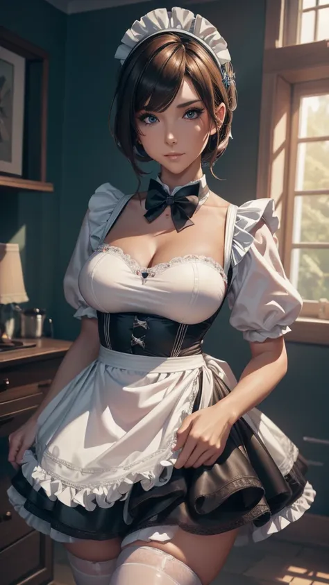 realistic 1.2, sexy maid, Short skirt, vfx (Visual Effect) highlights the intricate anatomical features in a perfect way. sfx, complement visual art, immersing the viewer. The level of detail is inspiring, with intricate elements meticulously crafted, Volu...