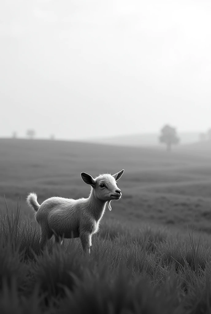 The small goat in right cornerwith background of farm field  in blace and white 
