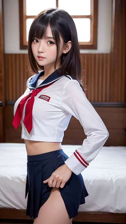 High quality masterpiece、Sensual perfect body、No anatomical errors、Beautiful and perfect face、Slim body、Small round breasts、Small Ass, Cute virgin latina girl ( Will lose her virginity) 1, Short Red Hair, Messy hair and bright eyes, She is wearing a sailor...