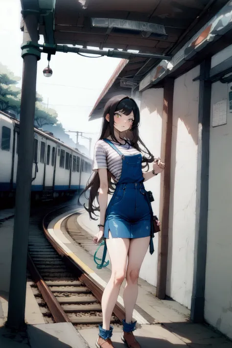 beautiful woman, posing at train station, she has long straight hair (swept-side bangs, hime cut hair), wearing white and black t-shirt, azure-blue denim dungarees pencil mini skirt, BREAK, ((masterpiece:1.2), (best quality:1.2), (very aesthetic:1.2), (abs...