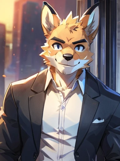 Loup Kemono, Yellow fur, yeux bleus, beau, muscle du sourire, cool, short de sport noir,ne porte pas de chemise, image du corps entier