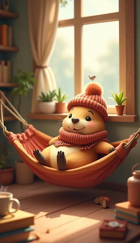 Capybara with Cozy Accessories
Prompt: "A friendly capybara lounging in a hammock with a cup of hot cocoa, wearing a scarf and beanie. Surround it with small details like books, potted plants, and a tiny bird perched on its head."