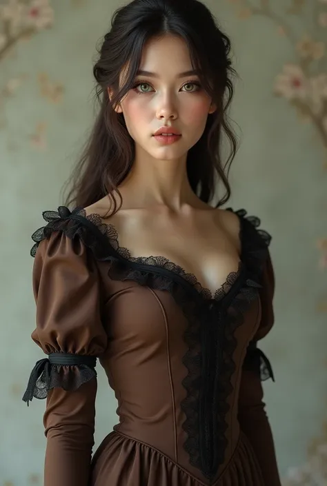 Dark brown hair, long victorian dress from 19th century, long gair, deep brown right eye, light green left eye, b cup , slim body, woman, 1, 155cm tall, small ass, slim but round face, hairless body, freckless,  full body