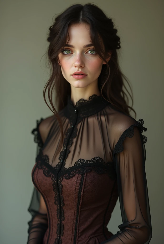 Dark brown hair, long victorian dress from 19th century, long gair, deep brown right eye, light green left eye, b cup , slim body, woman, 1, 155cm tall, small ass, slim but round face, hairless body, freckless,  full body