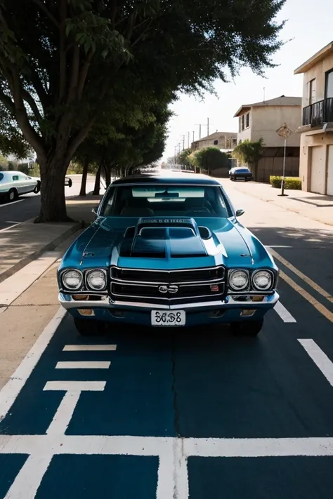 Create a GTA San Andreas style illustration of a navy blue 1970 Chevelle SS, full car side shot, perfect lighting, afternoon, afternoon/Evening. written on the pavement with white chalk "chevelle ss 1970". Wide angle, clear photography, well focused,