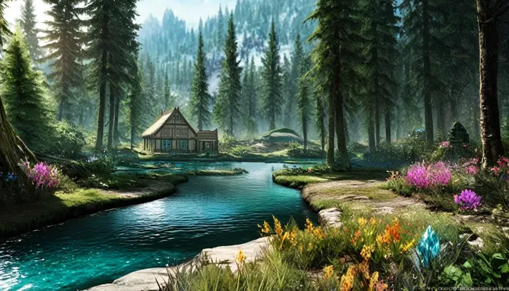 forest village in spring, sunny sky breaks through the crown of trees, pond next to houses, clearing in the forest, fantasy, dark botanical, realistic, depth of field, 64k, photorealism, high detail, general plan, crystals