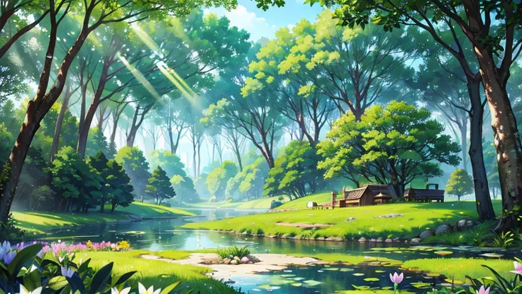 forest village in spring, sunny sky breaks through the crown of trees, pond next to houses, clearing in the forest, fantasy, dark botanical, realistic, depth of field, 64k, photorealism, high detail, general plan, crystals