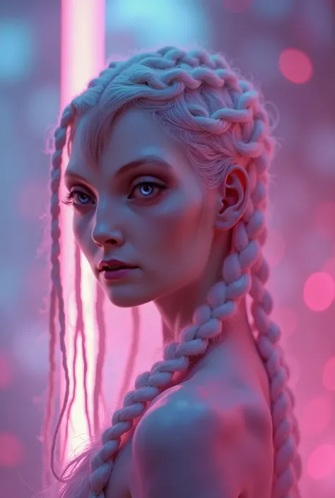 35mm film photography, A young, pink-skinned alien woman with long, braided white hair and glowing purple eyes. She has an otherworldly, futuristic appearance against a vibrant pink and blue background
