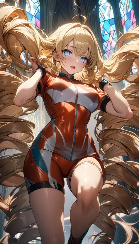 Red lips、blue eyes、glowing eyes、blonde、Drill Hair、anime、Russet-coloured sportswear with glitter、Russet-coloured sportswear with glitterのズボン、Hands up、High resolution, masterpiece, 最high quality, High detail, High-resolution model, high quality, Very detaile...