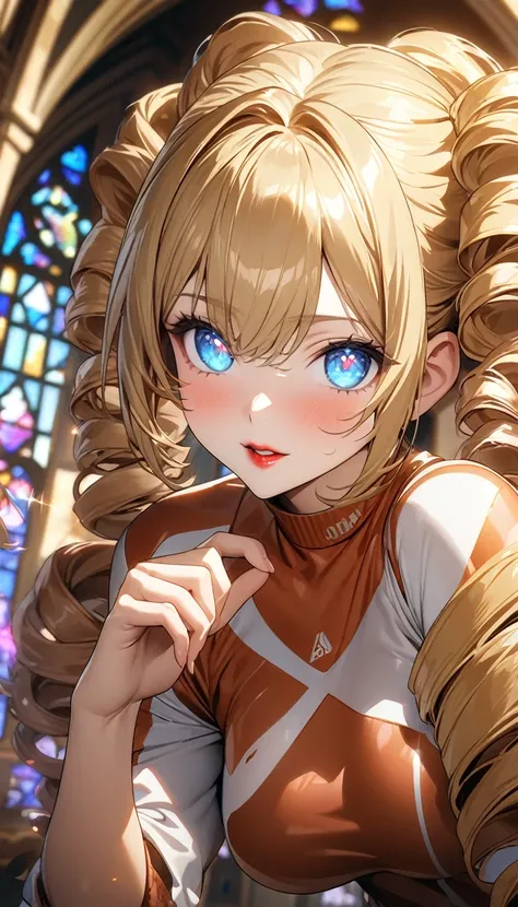 Red lips、blue eyes、glowing eyes、blonde、Drill Hair、anime、Russet-coloured sportswear with glitter、Russet-coloured sportswear with glitterのズボン、Hands up、High resolution, masterpiece, 最high quality, High detail, High-resolution model, high quality, Very detaile...