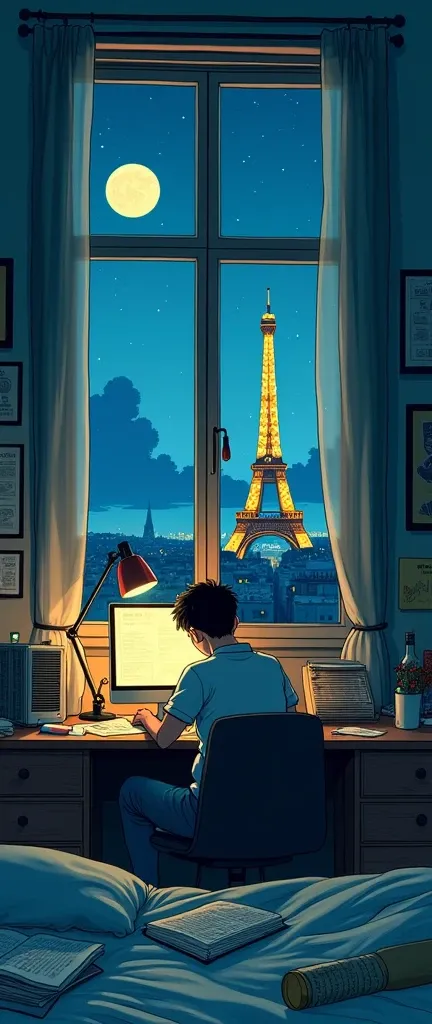 Draw an anime in Tintin style,A simple art of a messy apartment bedroom interior where there is a young man studying, Pages and pages everywhere, planner, air conditioner, computer and chair, moonlight coming in, BEAUTIFUL SKY, that the tower of France is ...