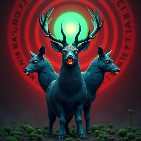 ((masterpiece)),((ultra-detailed,8k quality)),(fantasy surrealism),a haunting and surreal blue deer with two additional deer faces emerging from its sides,the central figures eyes glow an eerie red with a mystical third eye on its forehead radiating otherw...