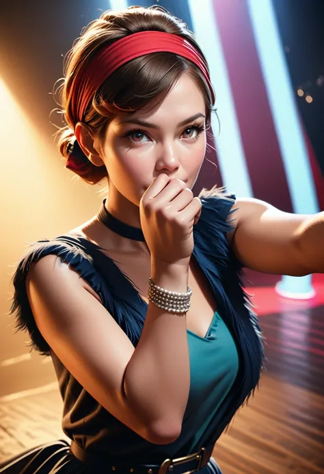 One girl, 1950s, fashion, elegant, Flapper Dress, Faux fur collar, 1950s victory rolls hairstyle, Bandana covering mouth, color, pistol, Stage actor, Dynamic pose, (Best Quality,4K,8k,High resolution,masterpiece:1.2),Super detailed,(Realistic,photoRealisti...