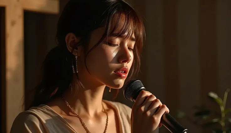 (photorealism:1.2),close-up of a young oriental woman with brown stylish hair crying while praying and singing, holding a microphone and hand wrapped up with gold rosary , wearing a gold necklace cross, tears streaming down her face, expression filled with...