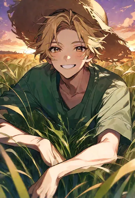 solo, handsome, 1 male, blonde hair, brown eyes, smiling, pumpkin patch backgrounds with wheat grass, straw hat, sunset aesthetic, shining light