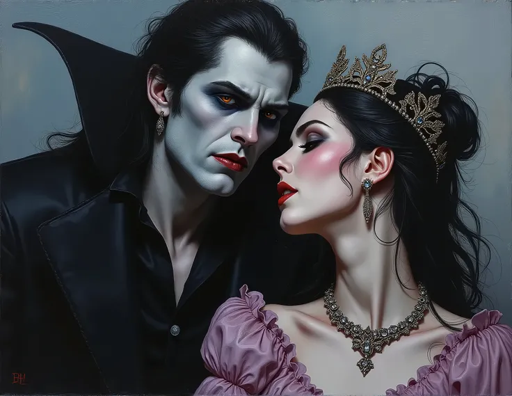 macabre art beauty and drama cold colors a vampire and a maiden 
(art inspired by Bill Sienkiewicz) (oil painting) expanded scenario