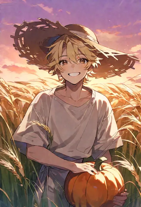 solo, handsome, 1 male, blonde hair, brown eyes, smiling, pumpkin patch backgrounds with wheat grass, straw hat, sunset aesthetic, holding pumpkin