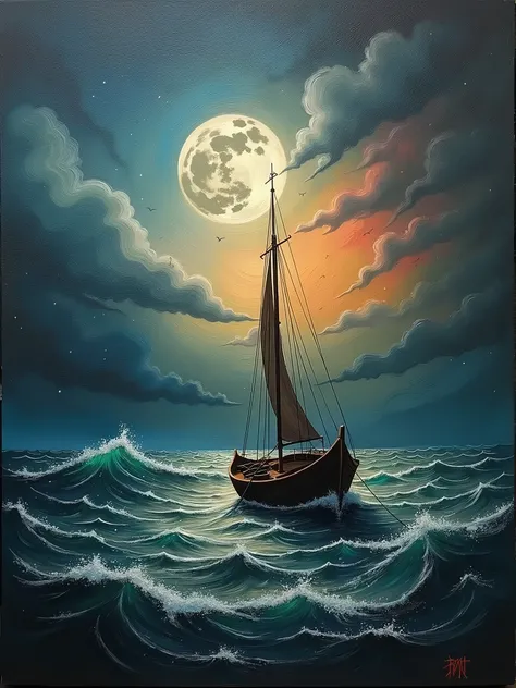 generate an image of an handmade modern oil painting on a canva. The surface of the image is richly textured from the brush and the dried paint creating a 3d effect. The image features a boat in stormy waters. It is evening with dramatic clouds and the onl...