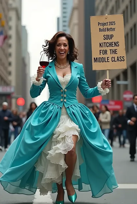 Kamala Harris, Marie Antoinette-inspired Turquoise blue and shes a Fool, so she drops her white silk lace ruffled pantaloons, smiling and skipping down the street, drinking red wine, holding up a banner that says "Project 2025: Build better soup kitchens f...