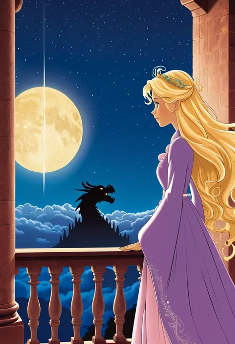 princess looks at the silhouette of a dragon in the sky, She stands on the balcony, she has blonde wavy hair