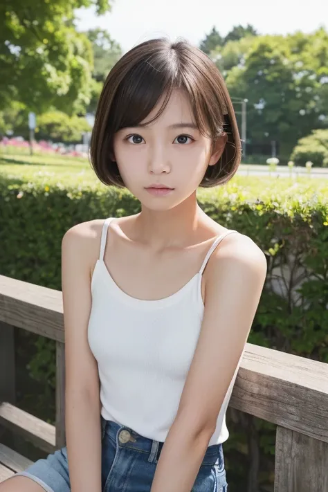 (Real),８KCG,High resolution,Create a photo of a Korean Asian teenager,beautiful girl, ((Blonde)),((9yo)),Narrow eyes:1.5,Slim Face,Underarm,White tank top,No arm hair,(Small Face:1.3),Slim Face,Ask,outdoor Sit on  simple bench,
1人の女の子, 足をフレーム外へ,(((もっと平らな胸:...