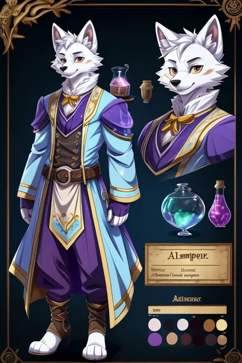 Character design, character sheet, hi-res, good graphics, great anatomy, anatomically correct, detailed body, anime, cartoonish. Kalle (male, age: 26, arctic fox (anthro/furry), Innkeeper, Alchemy/Potion talent/magic, sexuality: pan). well dressed