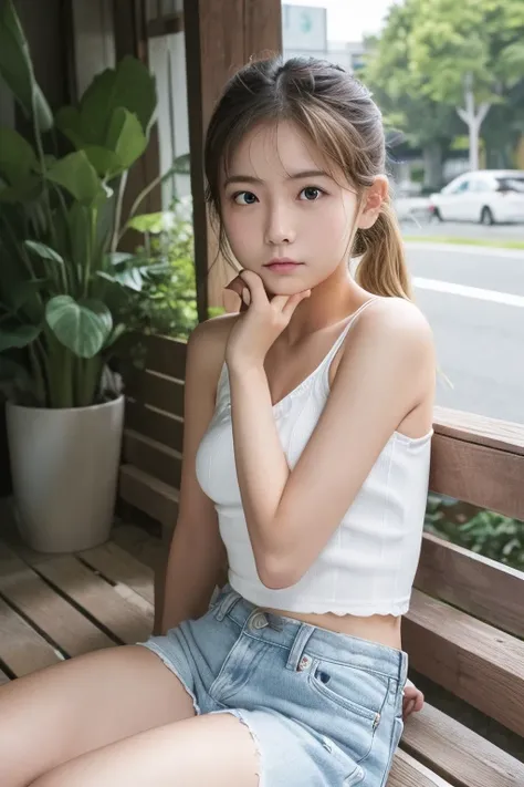 (Real),８KCG,High resolution,Create a photo of a Korean Asian teenager,beautiful girl, ((Blonde)),((9yo)),Narrow eyes:1.5,Slim Face,Underarm,White tank top,No arm hair,(Small Face:1.3),Slim Face,Ask,outdoor Sit on  simple bench,
1人の女の子, 足をフレーム外へ,(((もっと平らな胸:...